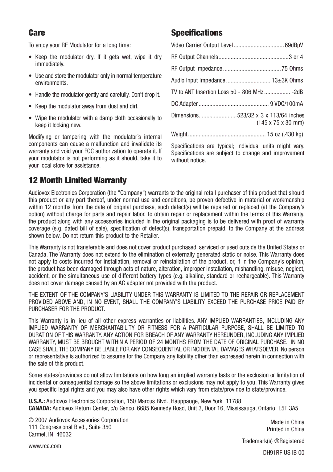 RCA DH91RF user manual Care, Specifications, Month Limited Warranty 