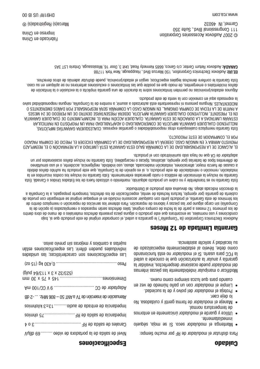 RCA DH91RF user manual Especificaciones, Meses 12 de Limitada Garantía, Cuidado 