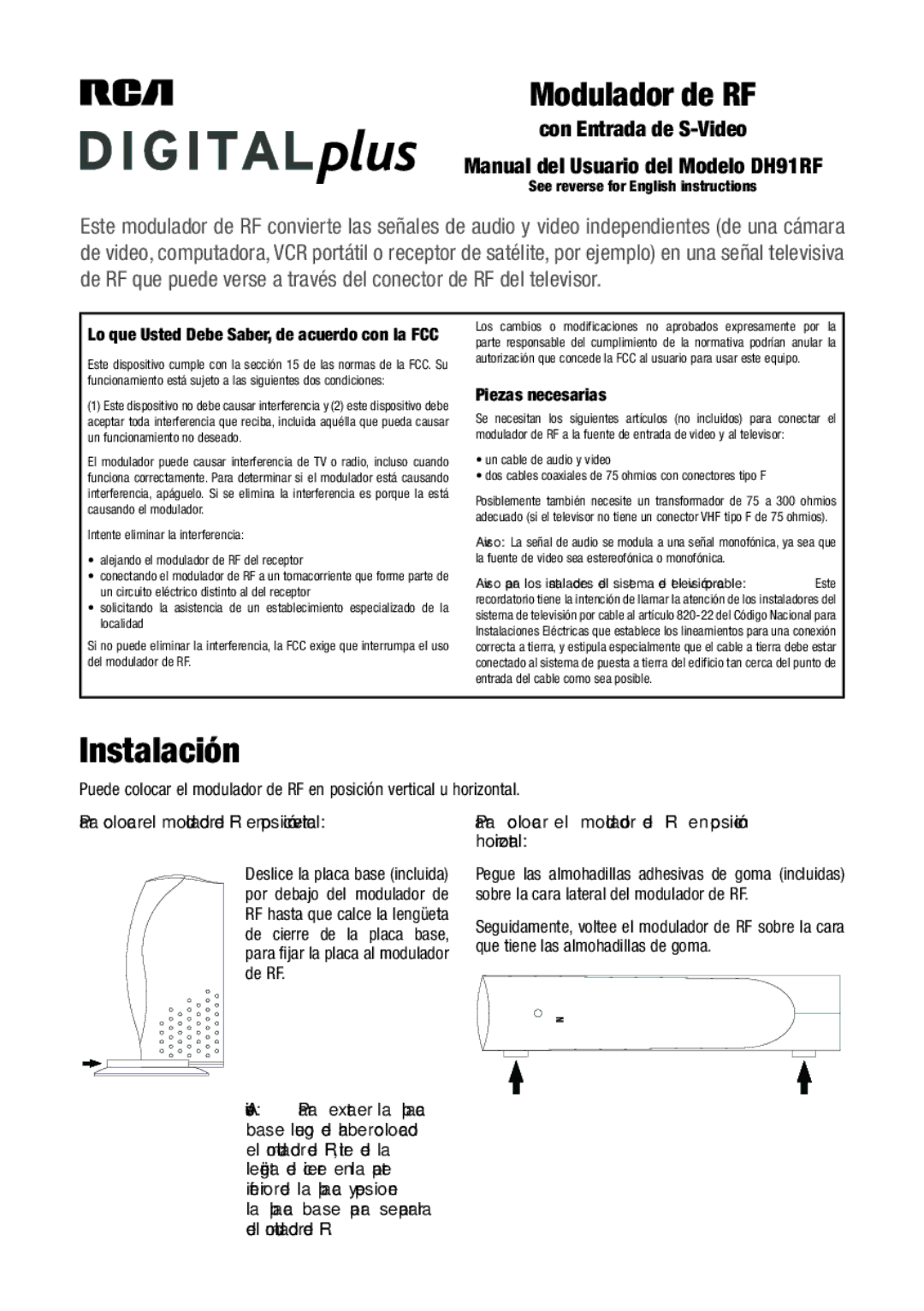 RCA DH91RF user manual Horizontal, Posición en RF de modulador el colocar Para, Necesarias Piezas, Localidad 