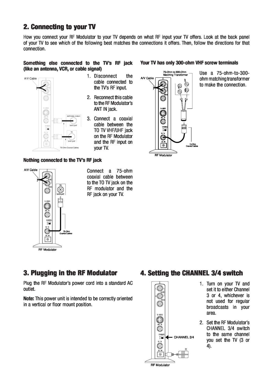RCA DH91RF user manual Connecting to your TV, Plugging in the RF Modulator, Setting the CHANNEL 3/4 switch 