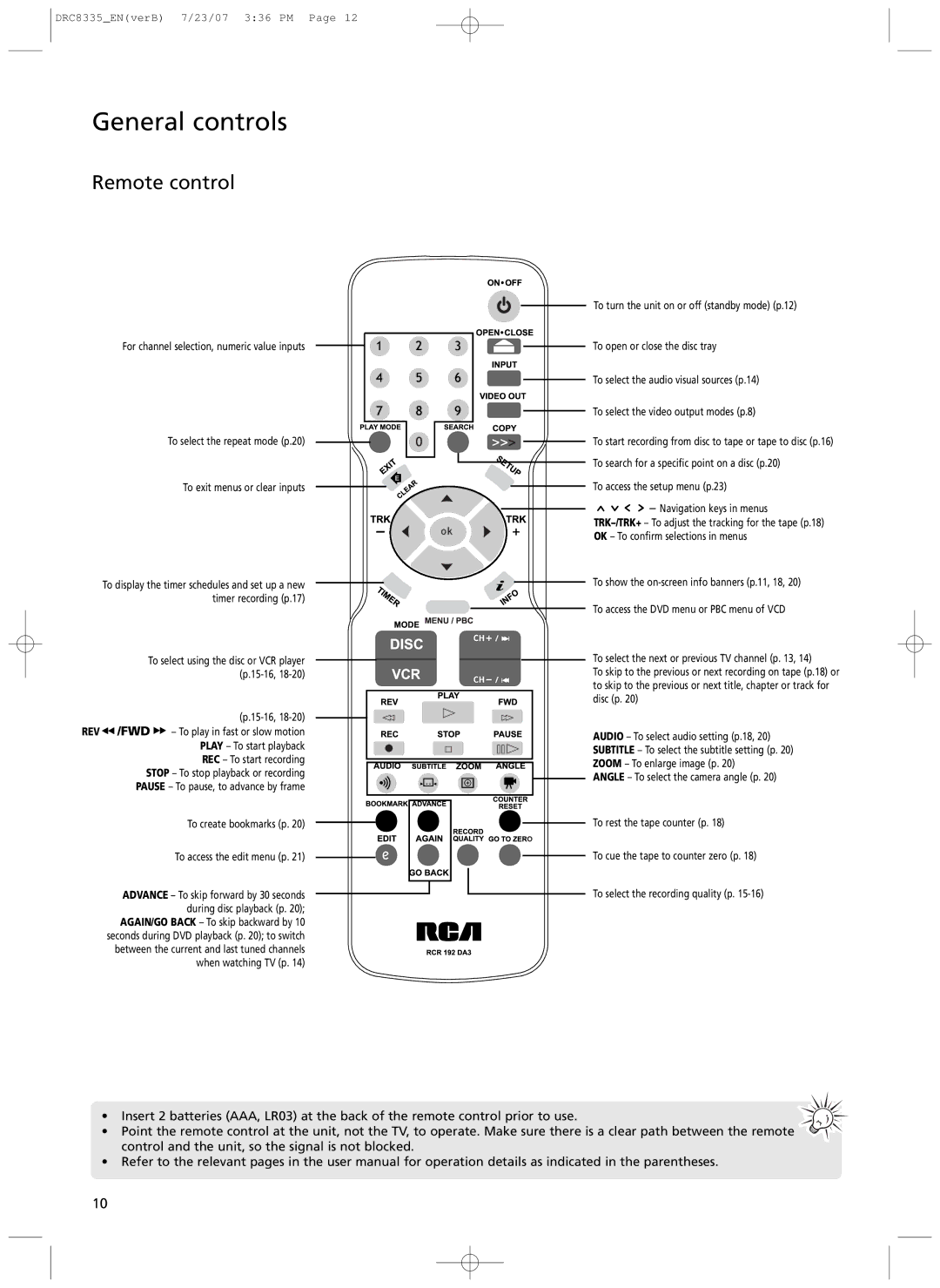 RCA drc 8335 user manual Remote control, To create bookmarks p To access the edit menu p 