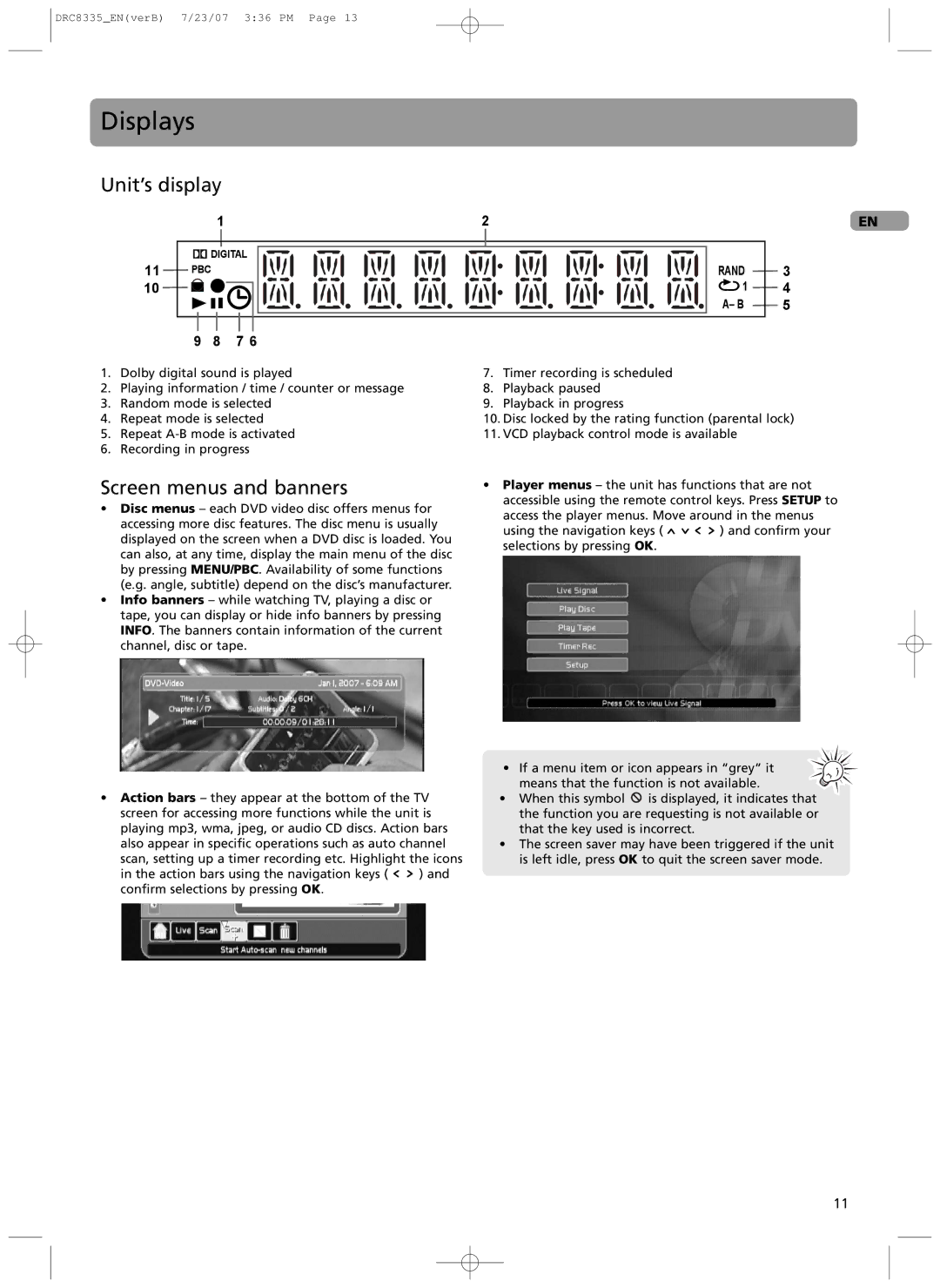 RCA drc 8335 user manual Displays, Screen menus and banners 