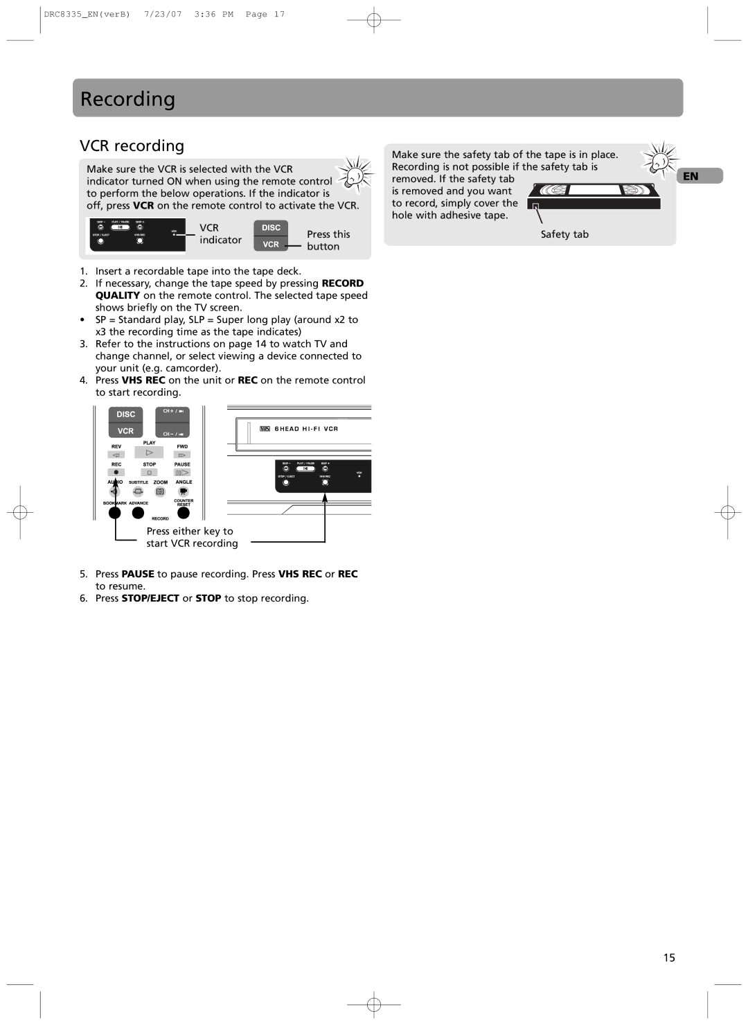 RCA drc 8335 user manual Recording, VCR recording 