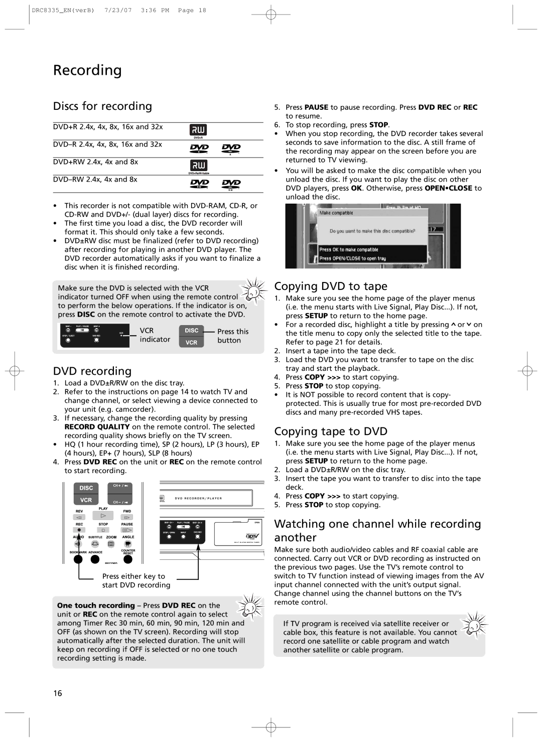 RCA drc 8335 user manual Discs for recording, DVD recording, Copying DVD to tape, Copying tape to DVD 