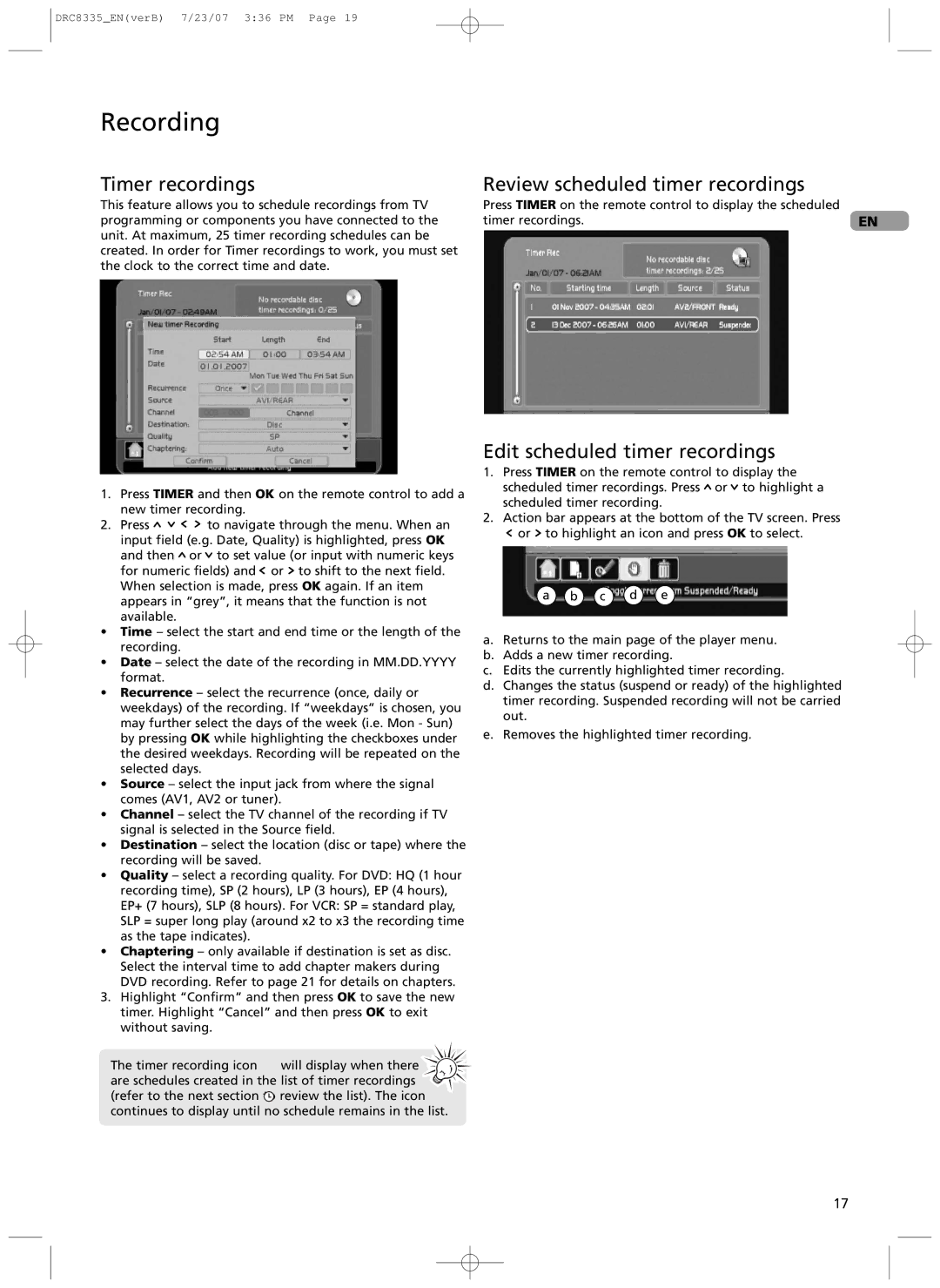 RCA drc 8335 user manual Timer recordings, Review scheduled timer recordings, Edit scheduled timer recordings 