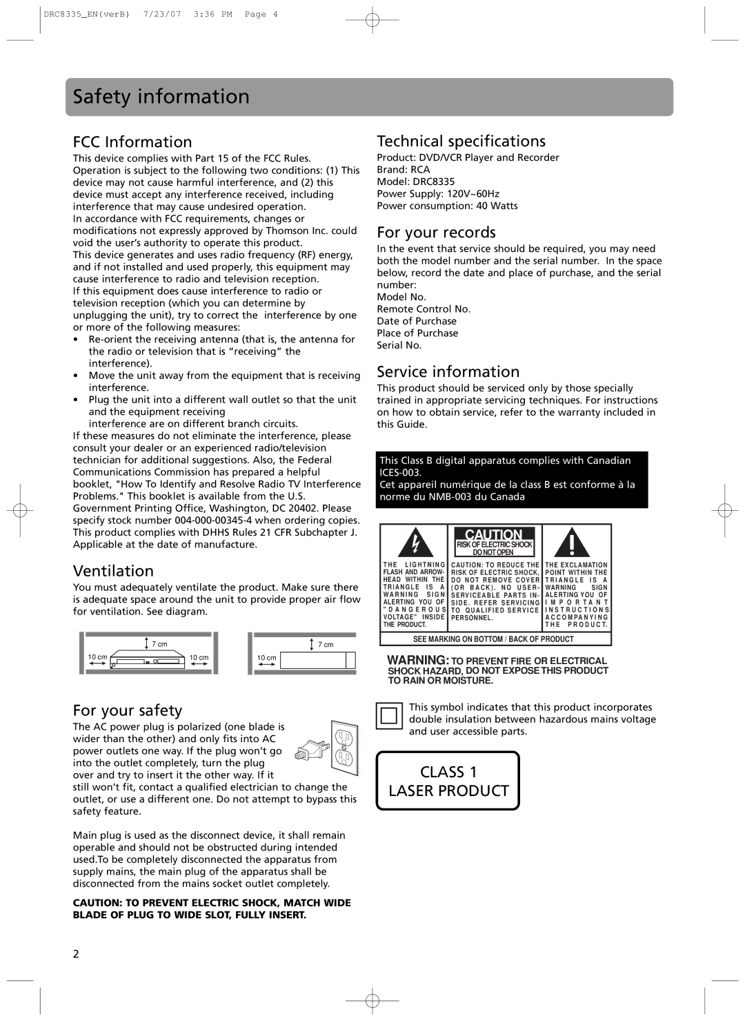 RCA drc 8335 user manual Safety information 