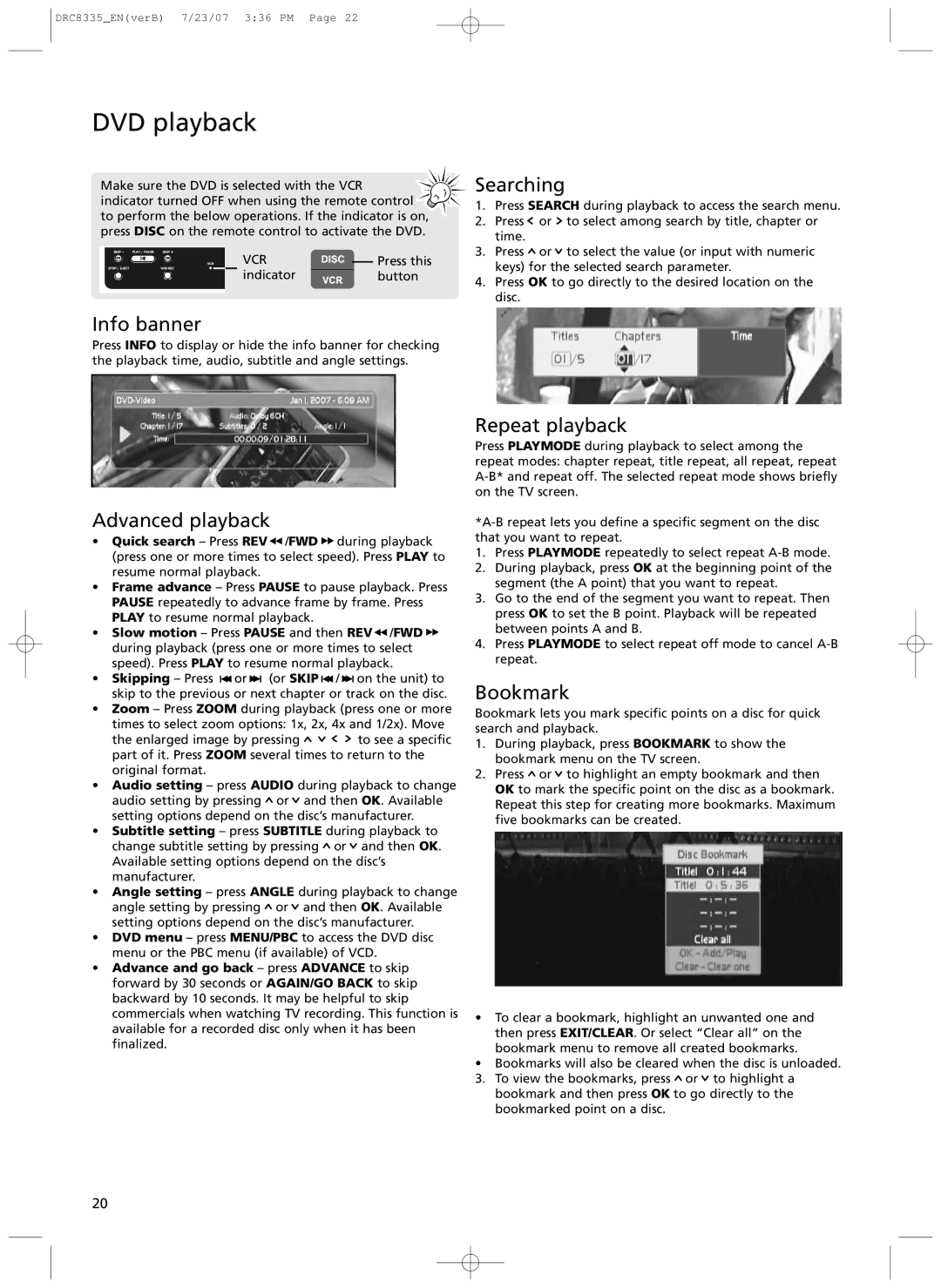 RCA drc 8335 user manual Searching, Repeat playback, Bookmark 