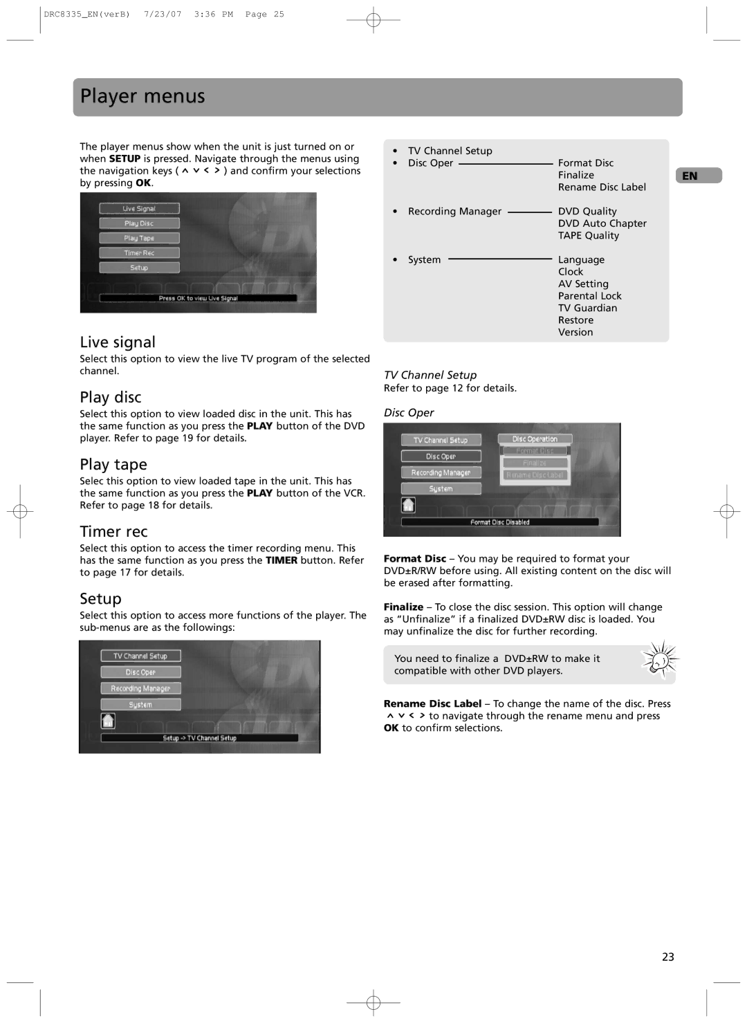 RCA drc 8335 user manual Player menus 