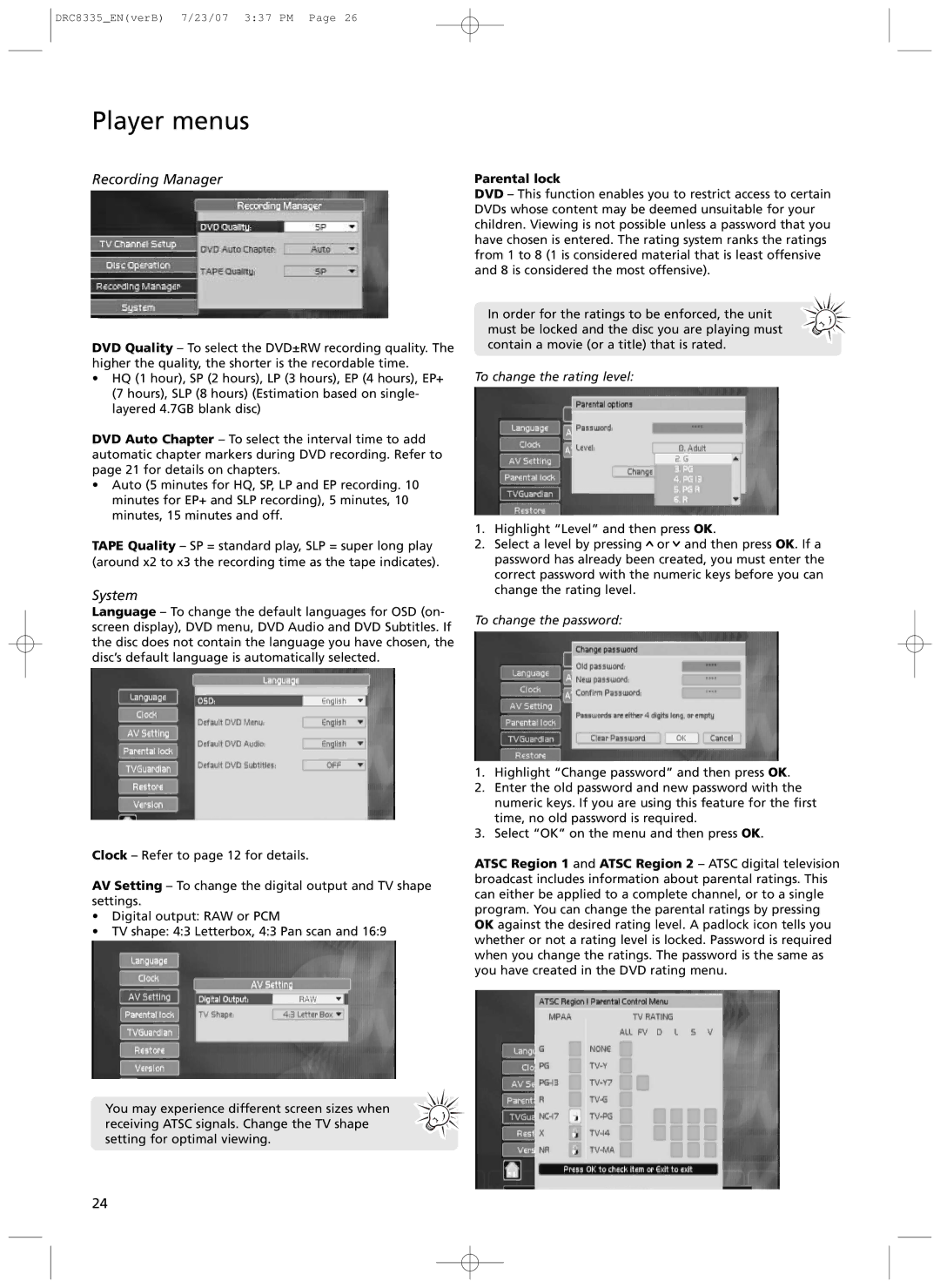 RCA drc 8335 user manual Recording Manager, System, Parental lock 