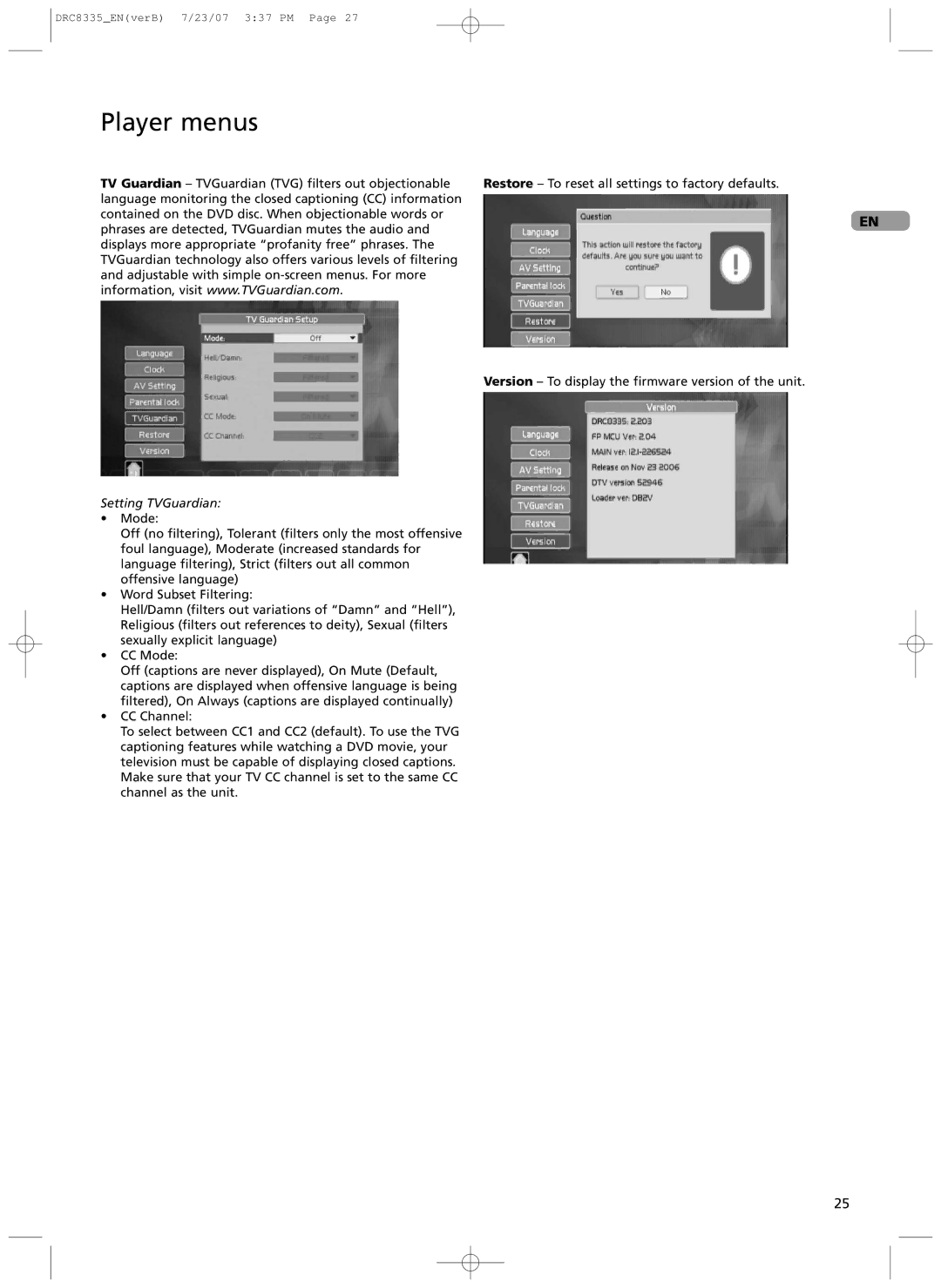 RCA drc 8335 user manual Setting TVGuardian 