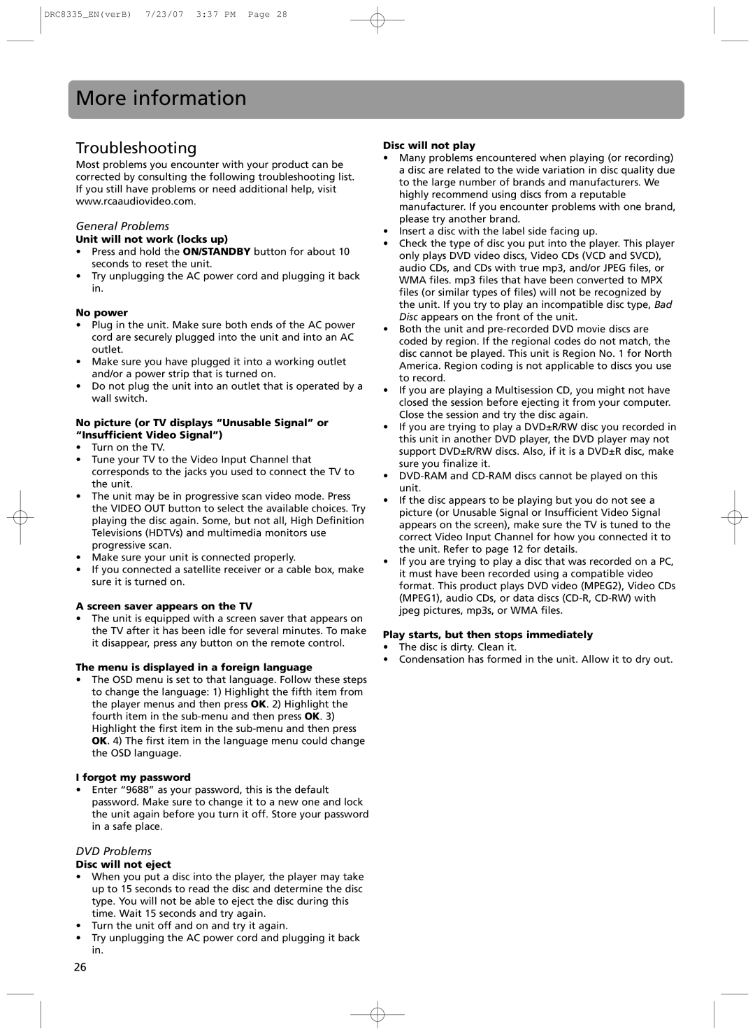 RCA drc 8335 user manual More information, Troubleshooting, General Problems, DVD Problems 