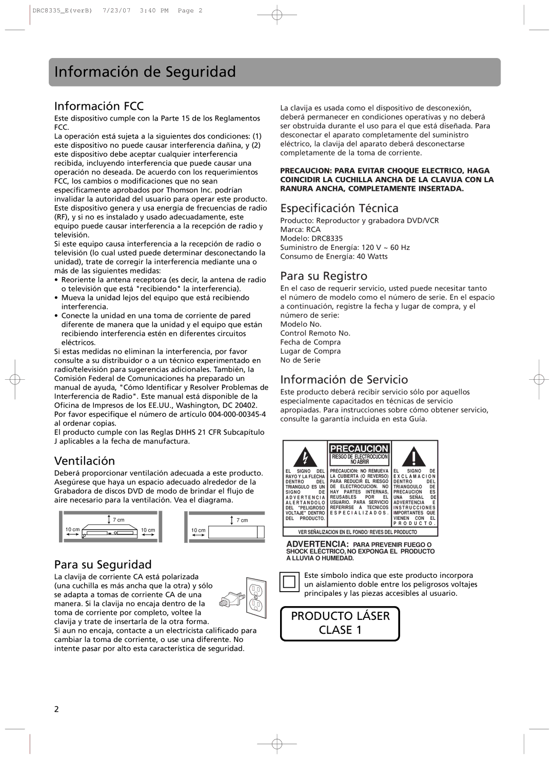 RCA drc 8335 user manual Informaci-n de Seguridad 