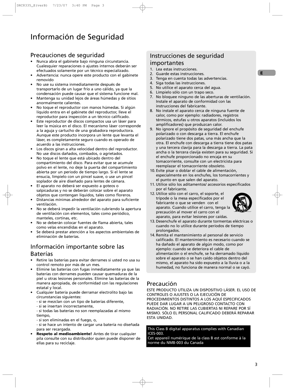 RCA drc 8335 Precauciones de seguridad, Informaci-n importante sobre las Bater’as, Instrucciones de seguridad importantes 