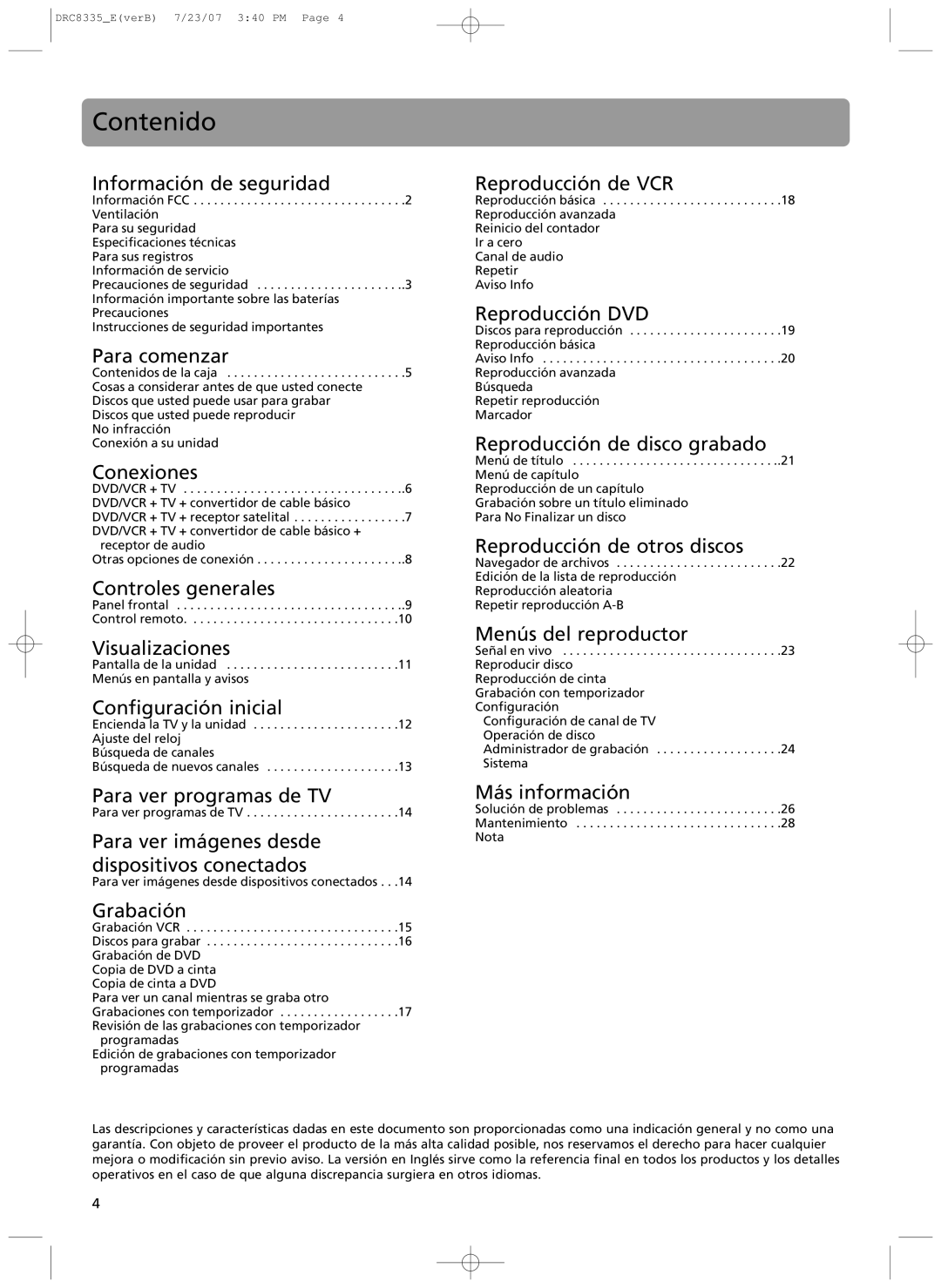 RCA drc 8335 user manual Contenido 