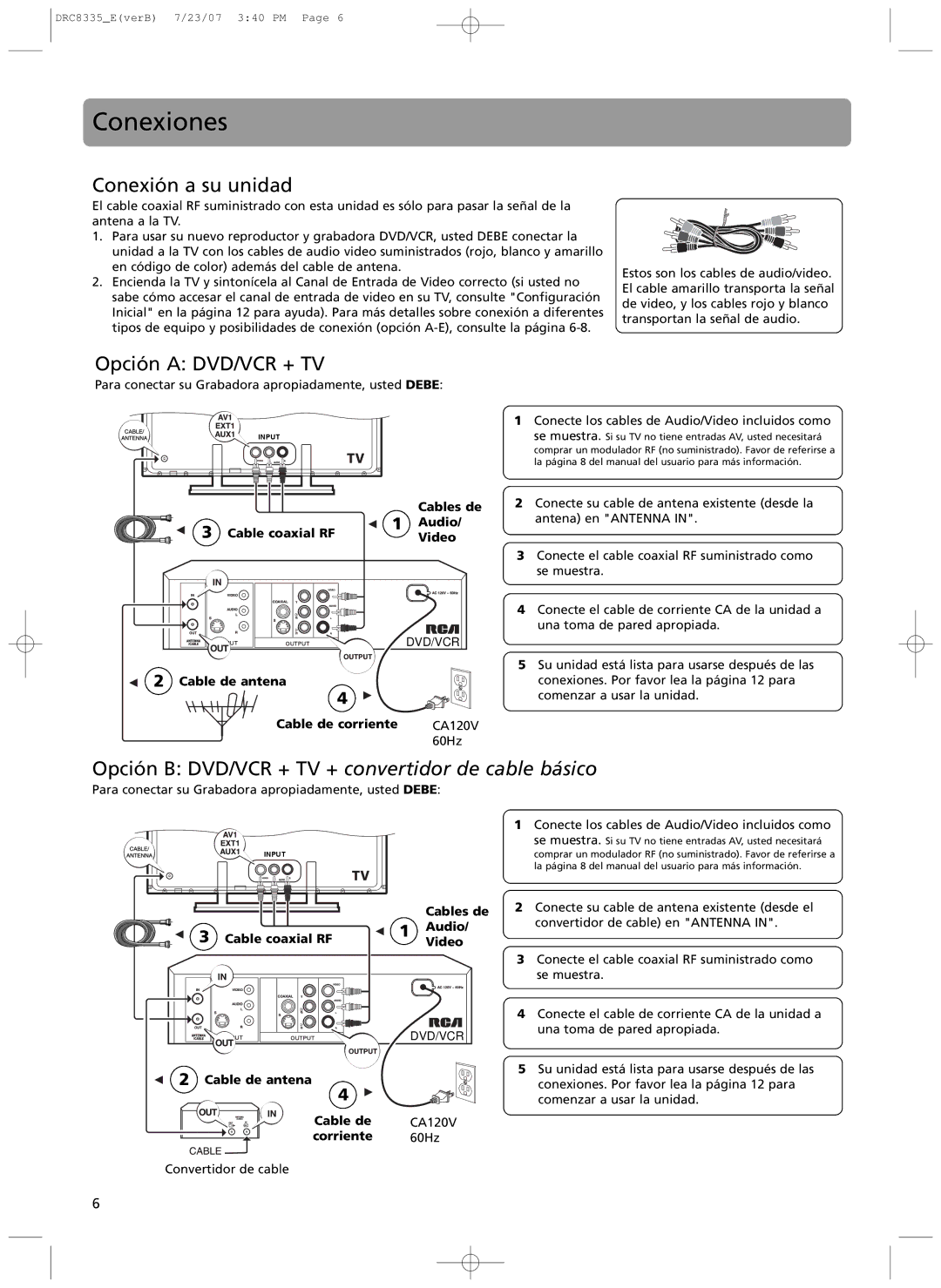 RCA drc 8335 user manual Conexiones, Conexi-n a su unidad, Opci-n a DVD/VCR + TV 