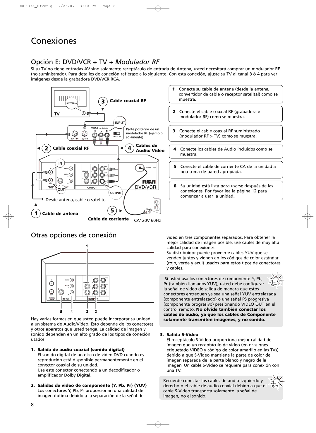 RCA drc 8335 user manual Opci-n E DVD/VCR + TV + Modulador RF, Otras opciones de conexi-n 