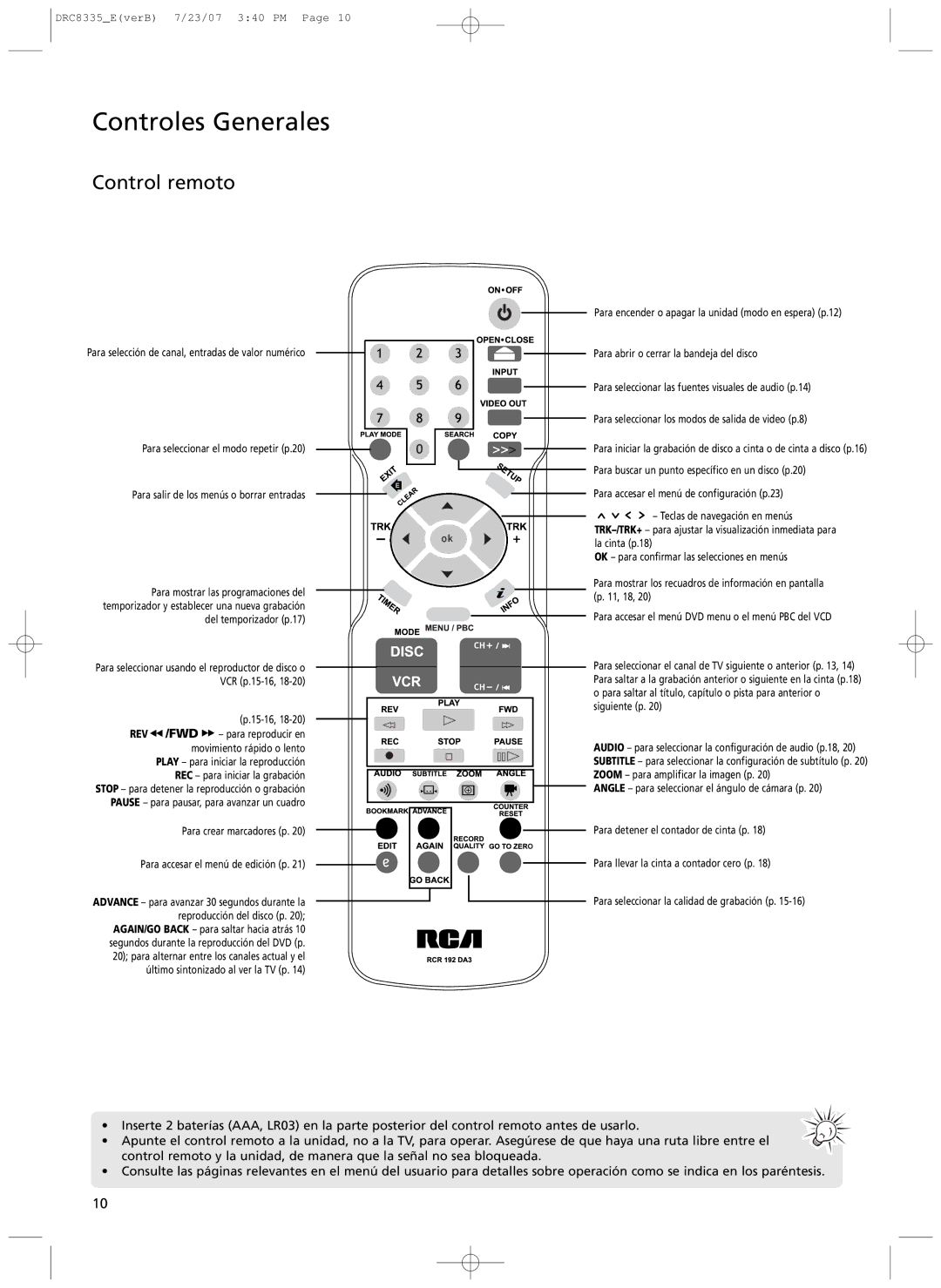 RCA drc 8335 user manual Control remoto, Para crear marcadores p Para accesar el menœ de edici-n p 