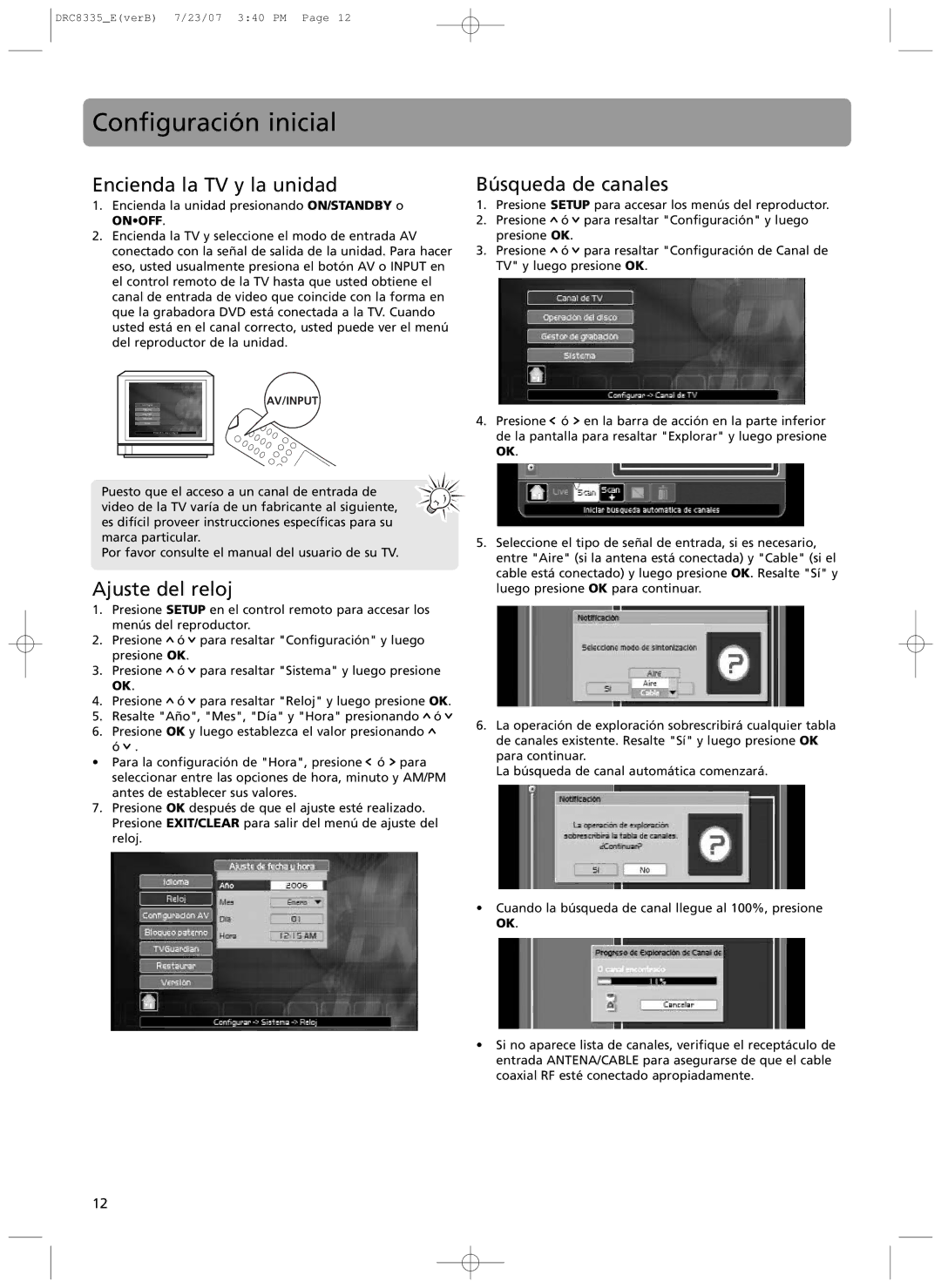 RCA drc 8335 user manual Configuraci-n inicial, Encienda la TV y la unidad, Ajuste del reloj, Bœsqueda de canales 