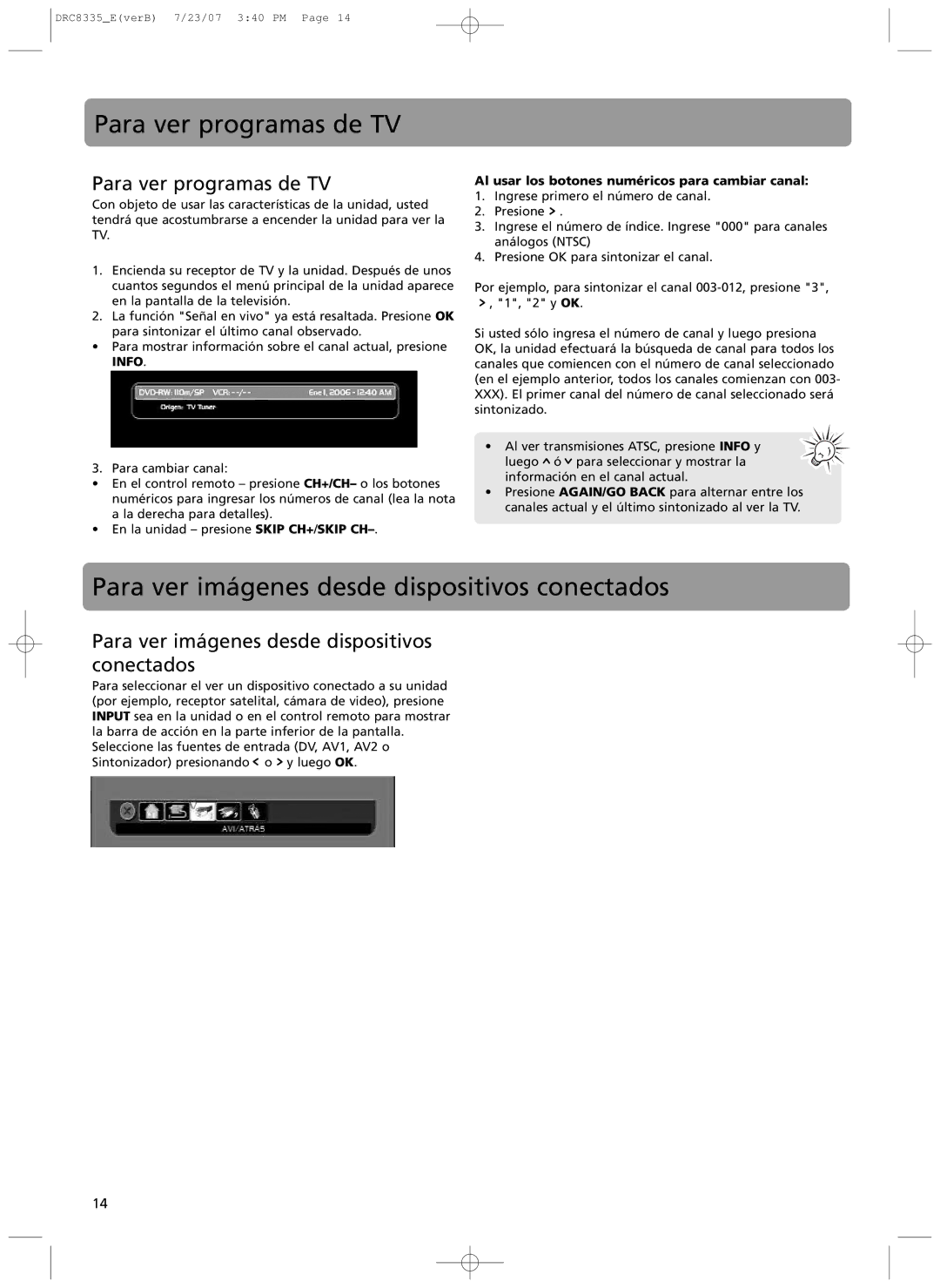 RCA drc 8335 user manual Para ver programas de TV, Para ver im‡genes desde dispositivos conectados 