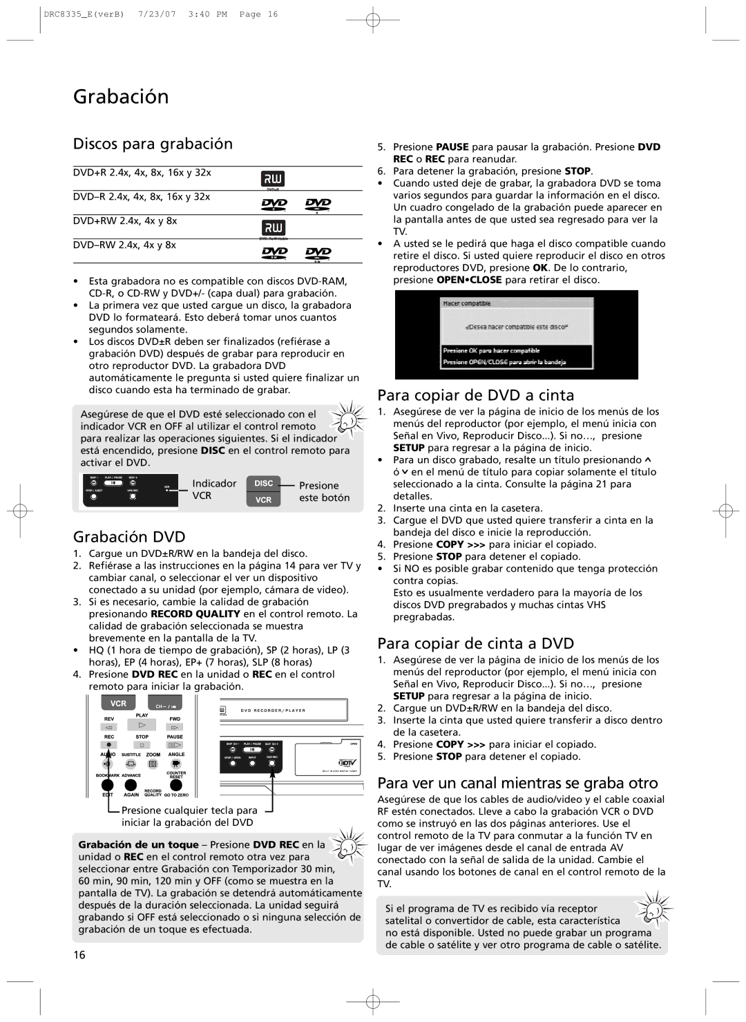 RCA drc 8335 user manual Discos para grabaci-n, Grabaci-n DVD, Para copiar de DVD a cinta, Para copiar de cinta a DVD 