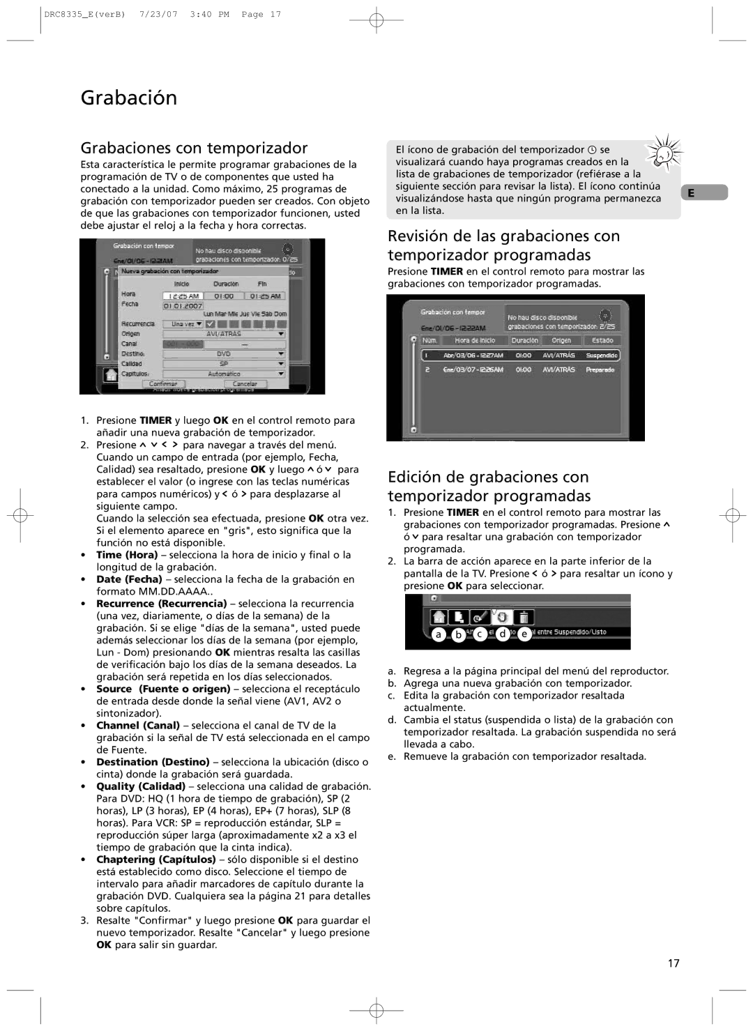 RCA drc 8335 user manual Grabaciones con temporizador, Revisi-n de las grabaciones con temporizador programadas 