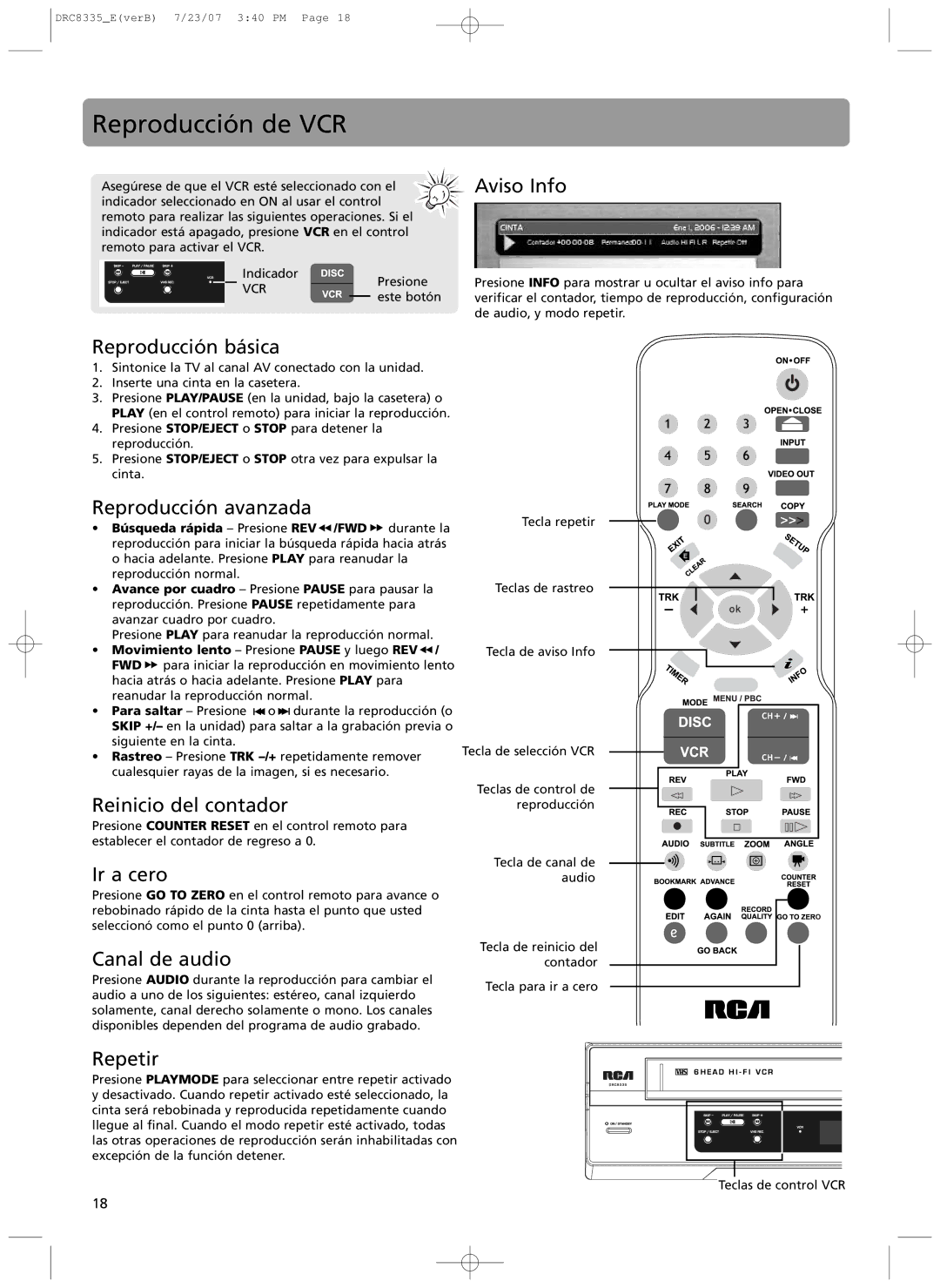 RCA drc 8335 user manual Reproducci-n de VCR 