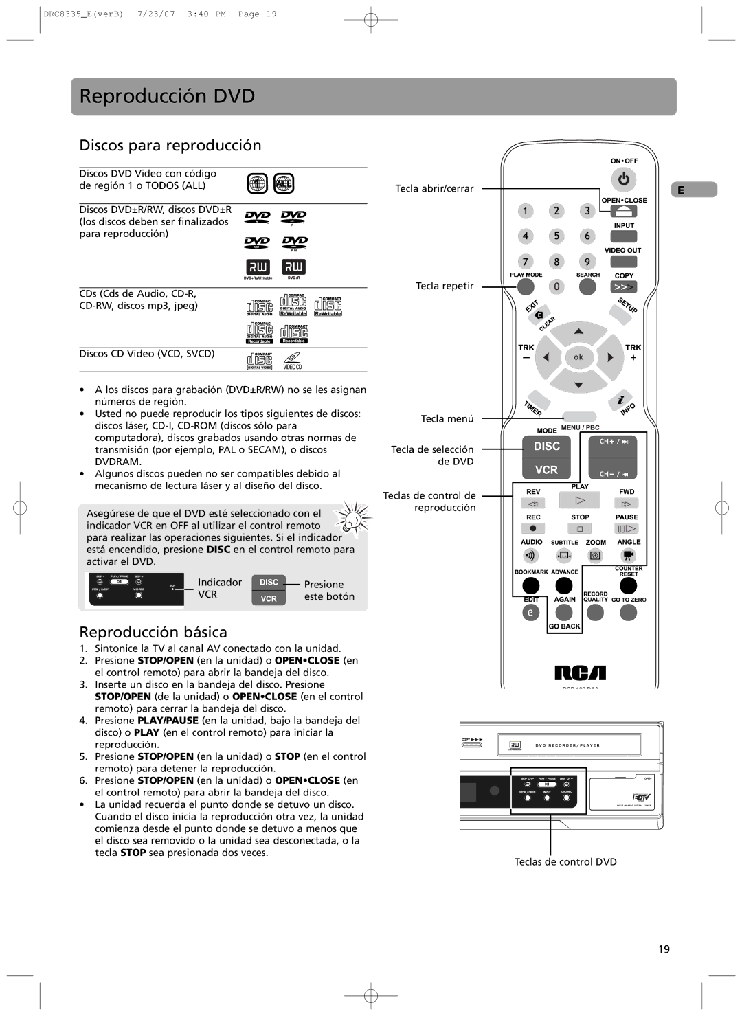 RCA drc 8335 user manual Reproducci-n DVD, Discos para reproducci-n 