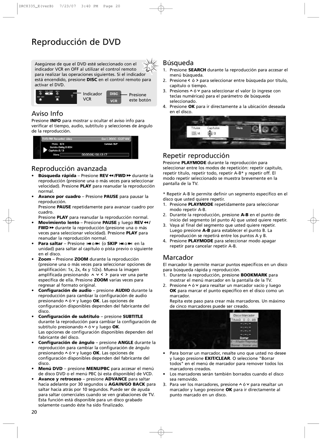 RCA drc 8335 user manual Reproducci-n de DVD, Bœsqueda, Repetir reproducci-n, Marcador 