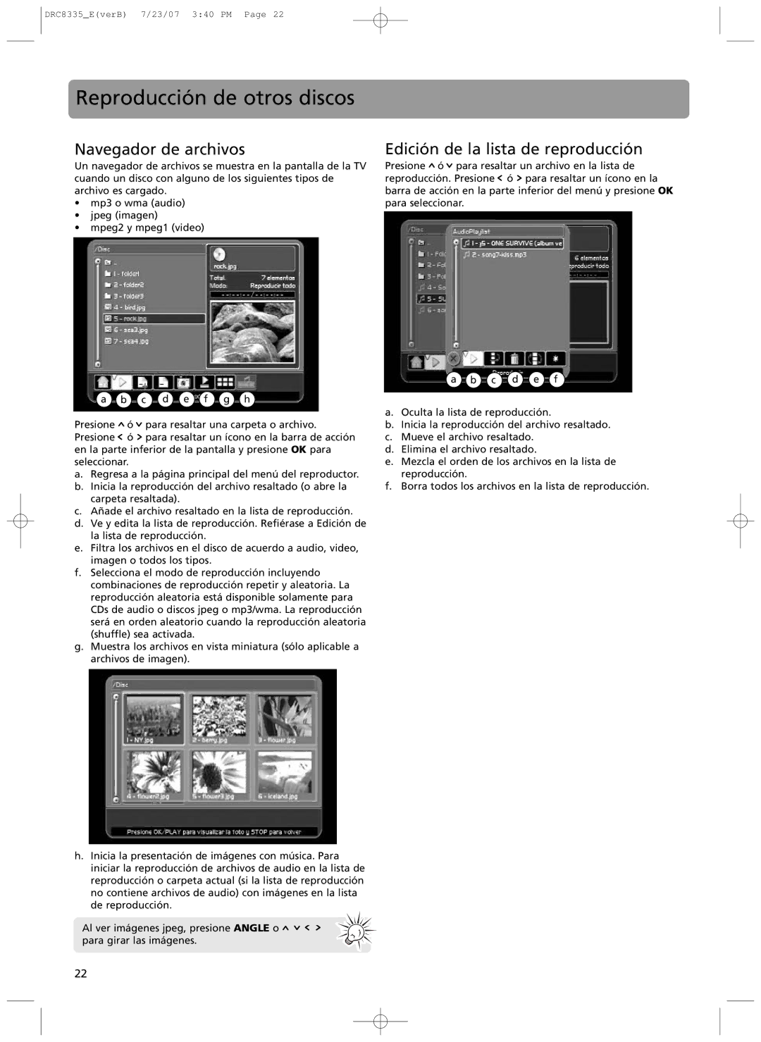 RCA drc 8335 user manual Reproducci-n de otros discos, Navegador de archivos, Edici-n de la lista de reproducci-n 