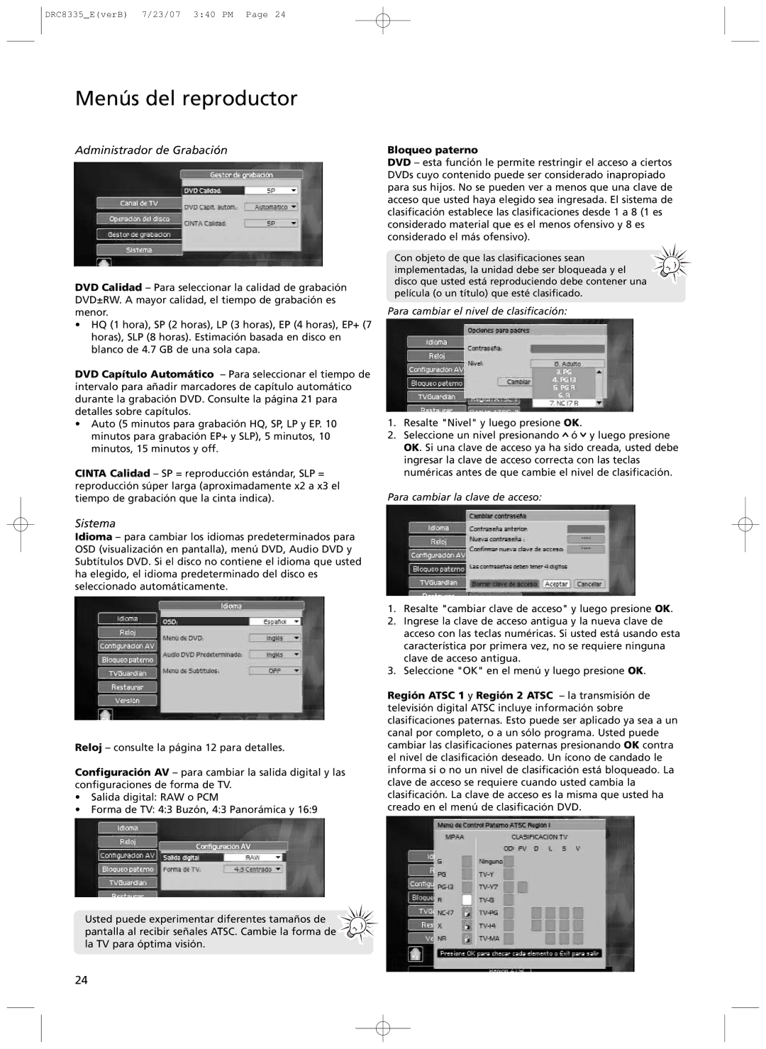 RCA drc 8335 user manual Administrador de Grabaci-n, Sistema, Bloqueo paterno 