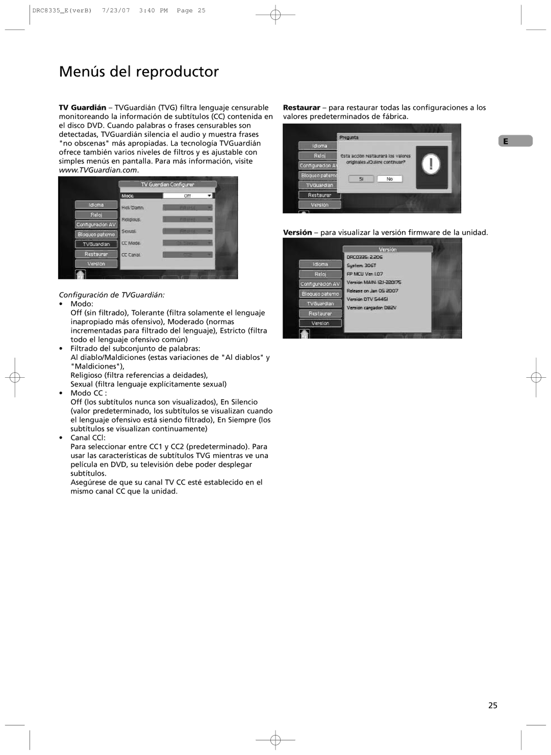 RCA drc 8335 user manual Configuraci-n de TVGuardi‡n 