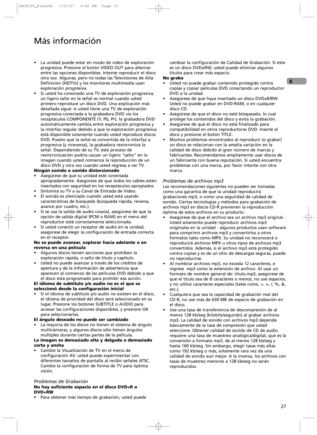 RCA drc 8335 user manual Problemas de Grabaci-n, Problemas de archivos mp3 