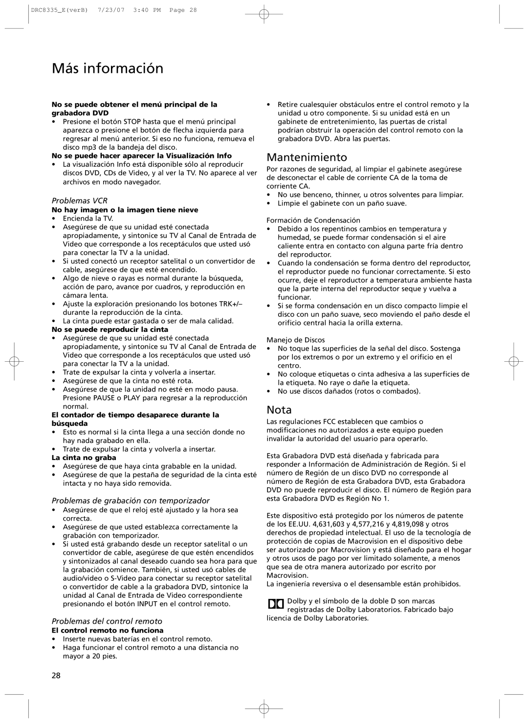 RCA drc 8335 Mantenimiento, Nota, Problemas VCR, Problemas de grabaci-n con temporizador, Problemas del control remoto 