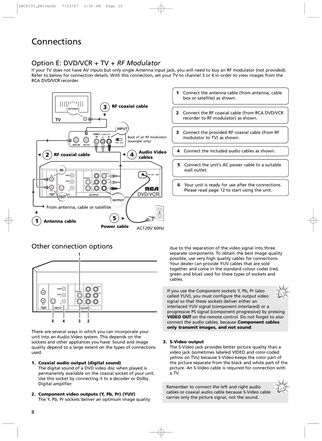 RCA drc 8335 user manual Option E DVD/VCR + TV + RF Modulator, Other connection options 