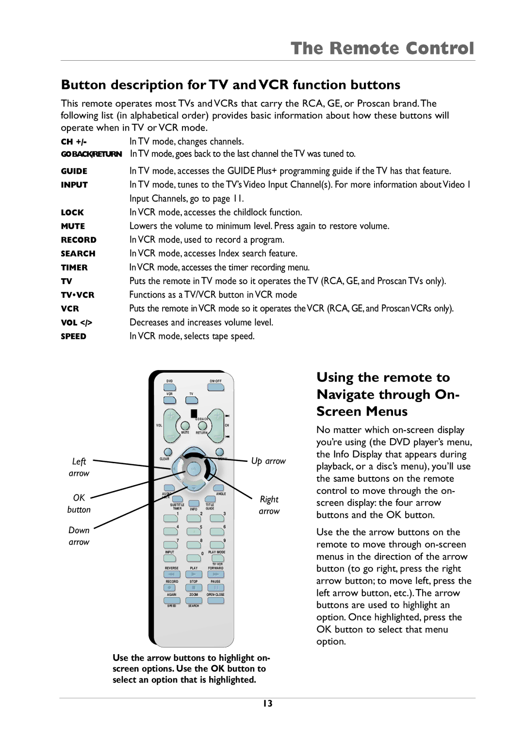 RCA DRC105N Button description for TV and VCR function buttons, Using the remote to Navigate through On- Screen Menus 