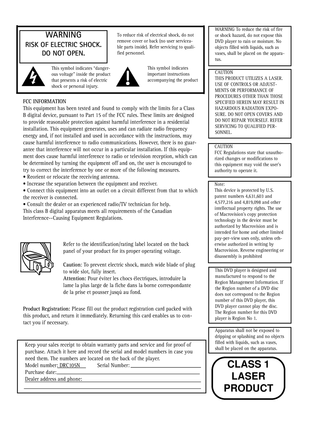 RCA DRC105N manual Class Laser Product 