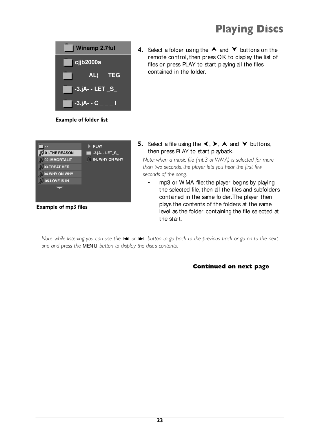 RCA DRC105N manual Example of folder list, Example of mp3 files, On next 