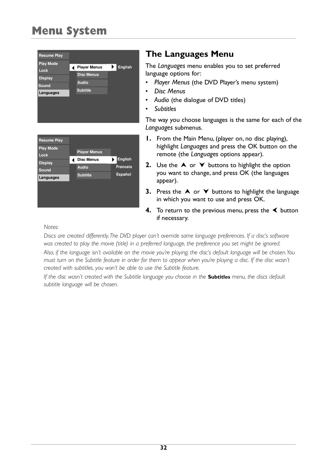 RCA DRC105N manual Languages Menu, Subtitles 