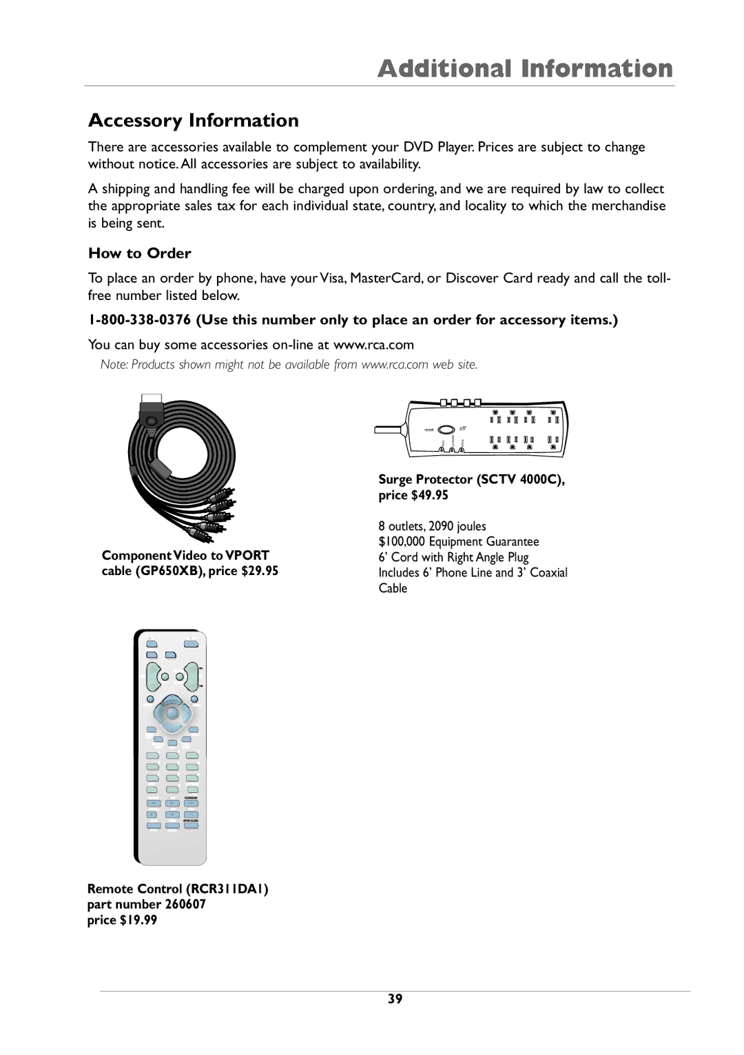 RCA DRC105N Accessory Information, How to Order, Use this number only to place an order for accessory items, Price $19.99 