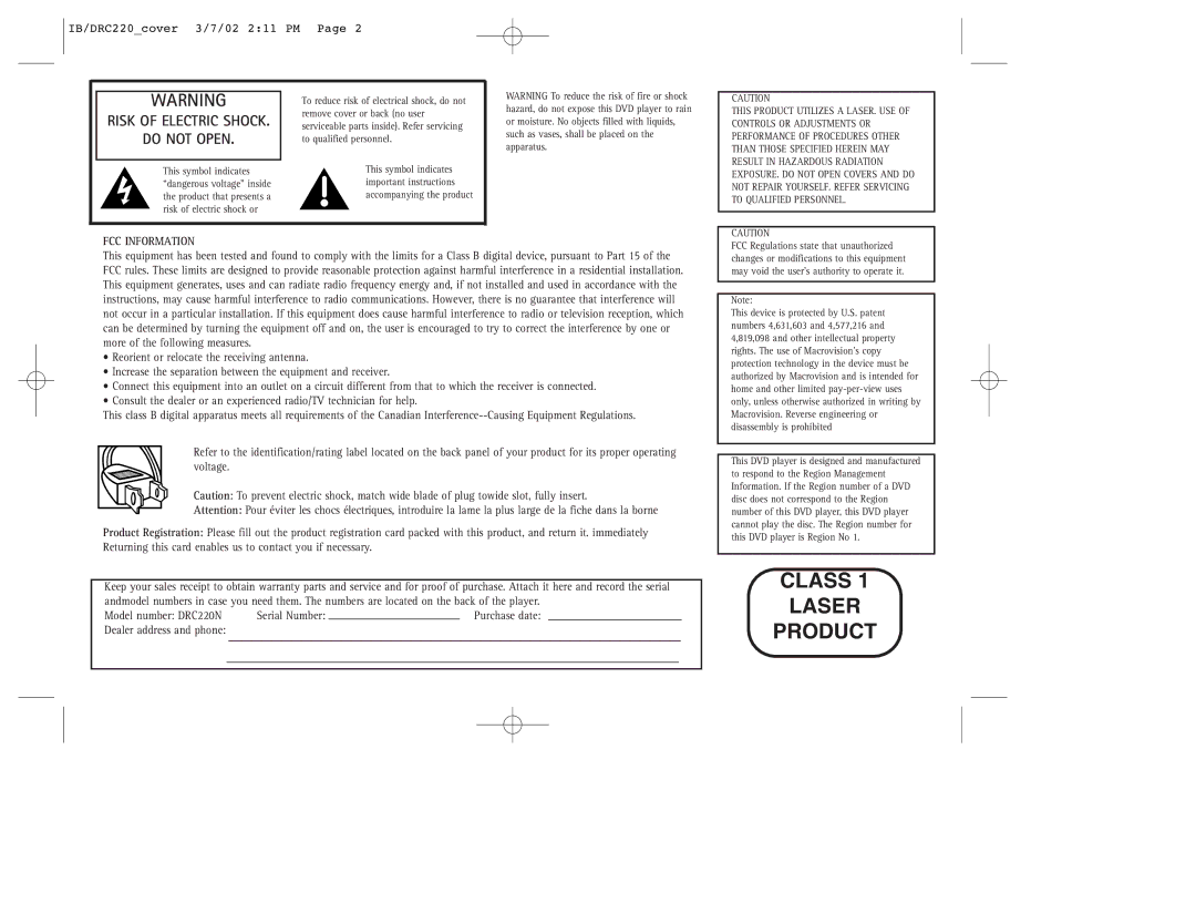 RCA DRC220N manual Class Laser Product 