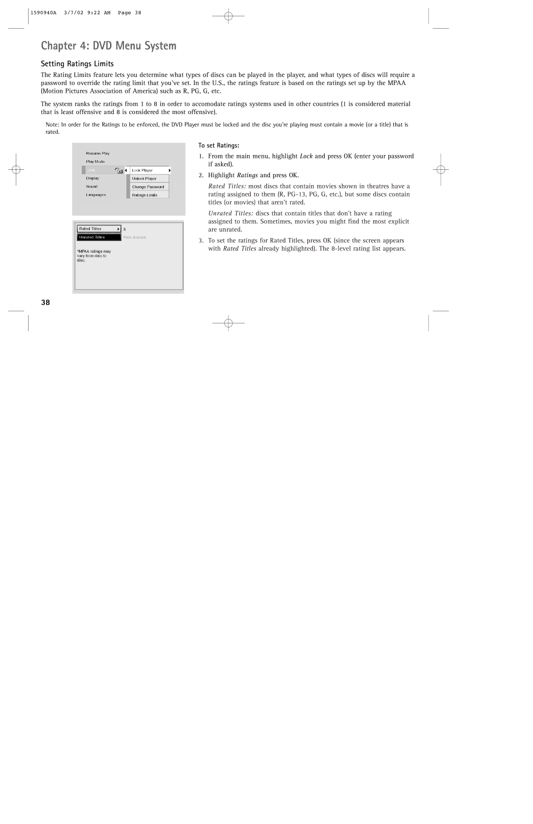 RCA DRC220N manual Setting Ratings Limits, To set Ratings 