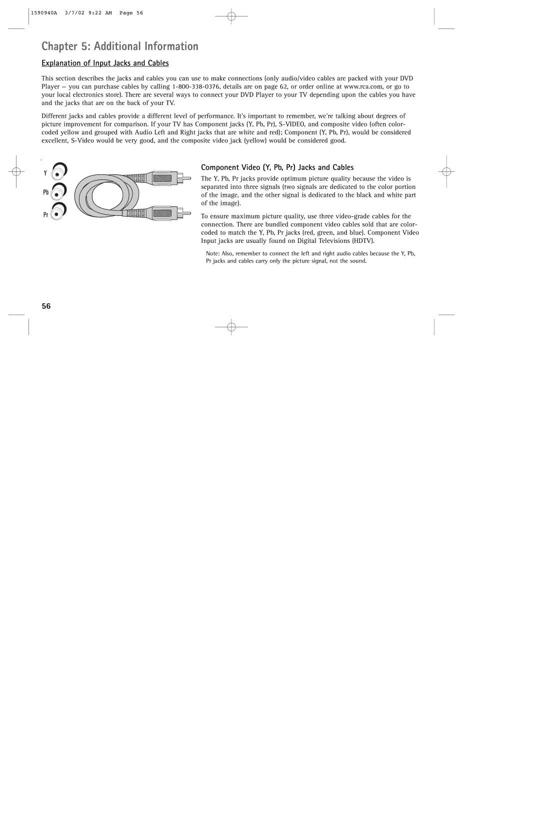 RCA DRC220N manual Explanation of Input Jacks and Cables, Component Video Y, Pb, Pr Jacks and Cables 