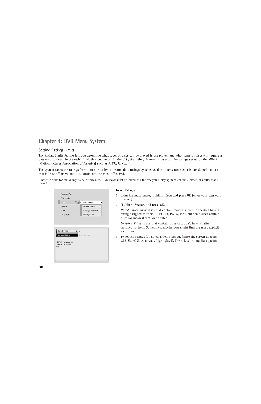 RCA DRC220N manual Setting Ratings Limits, To set Ratings 