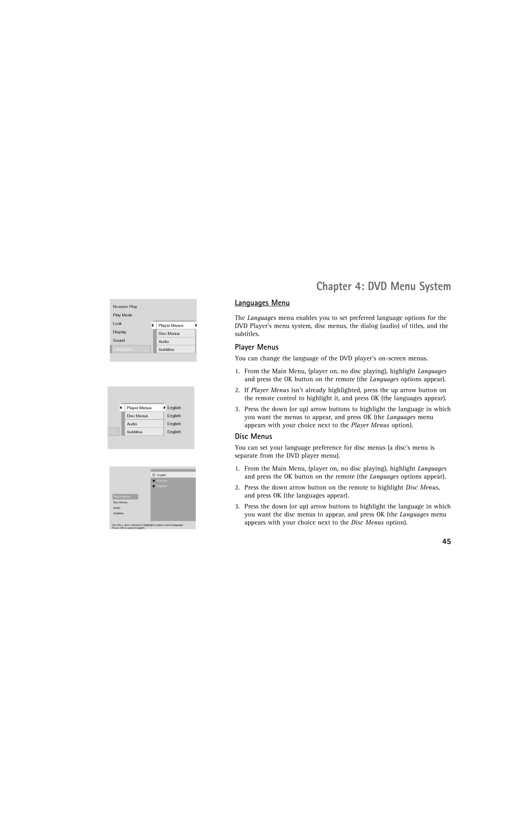 RCA DRC220N manual Languages Menu, Player Menus, Disc Menus 