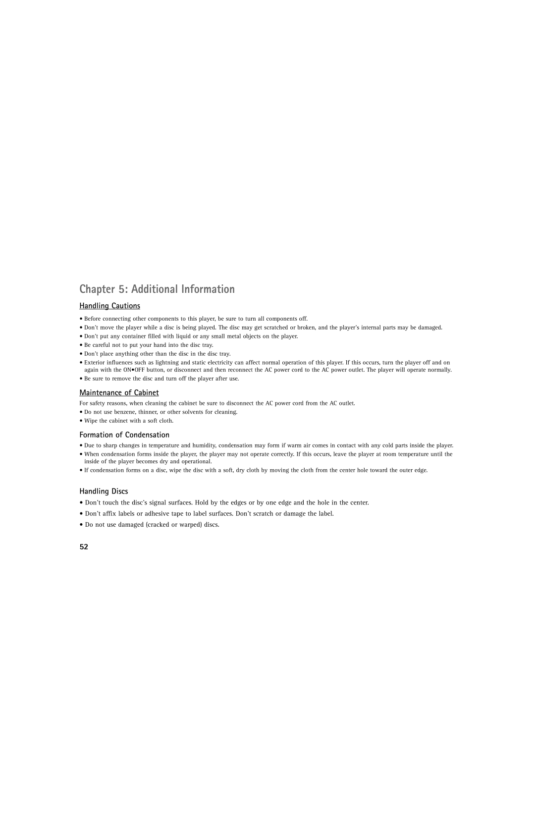 RCA DRC220N manual Handling Cautions, Maintenance of Cabinet, Formation of Condensation, Handling Discs 