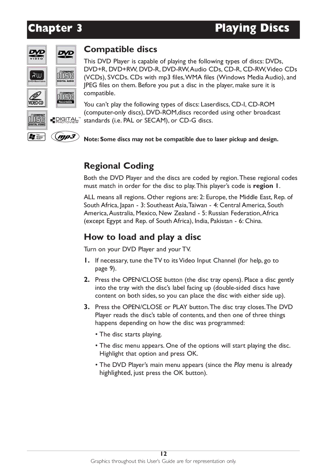 RCA DRC233N manual Playing Discs, Compatible discs, Regional Coding, How to load and play a disc 