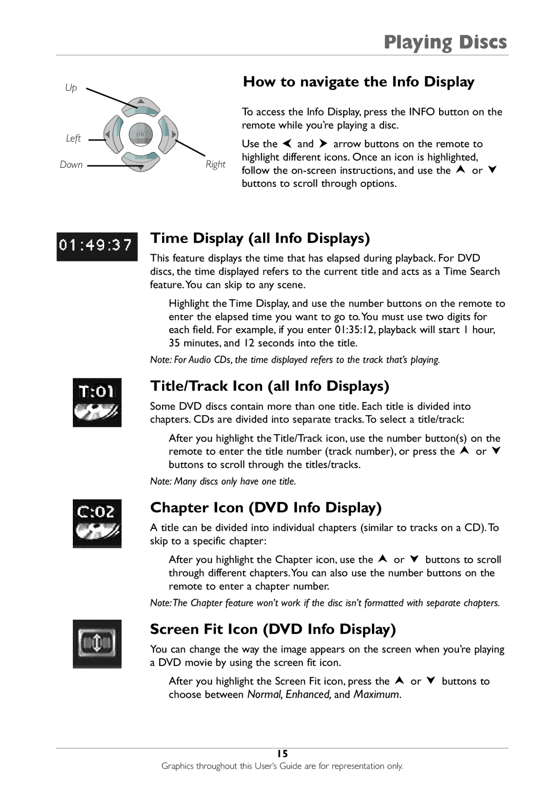 RCA DRC233N manual How to navigate the Info Display, Time Display all Info Displays, Title/Track Icon all Info Displays 