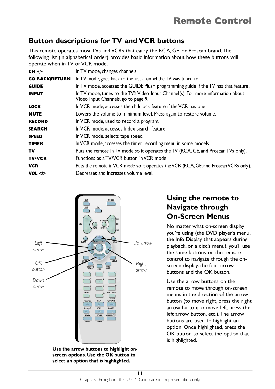 RCA DRC233N manual Button descriptions for TV and VCR buttons, Using the remote to Navigate through On-Screen Menus 