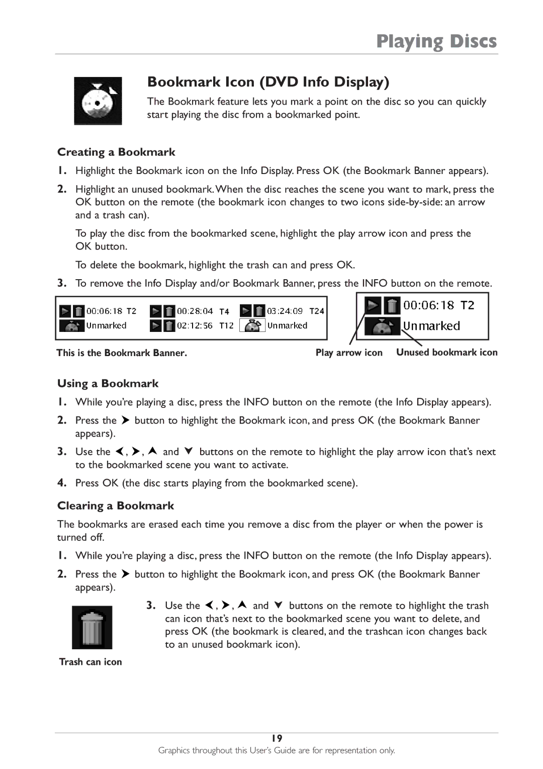 RCA DRC233N manual Bookmark Icon DVD Info Display, Creating a Bookmark, Using a Bookmark, Clearing a Bookmark 