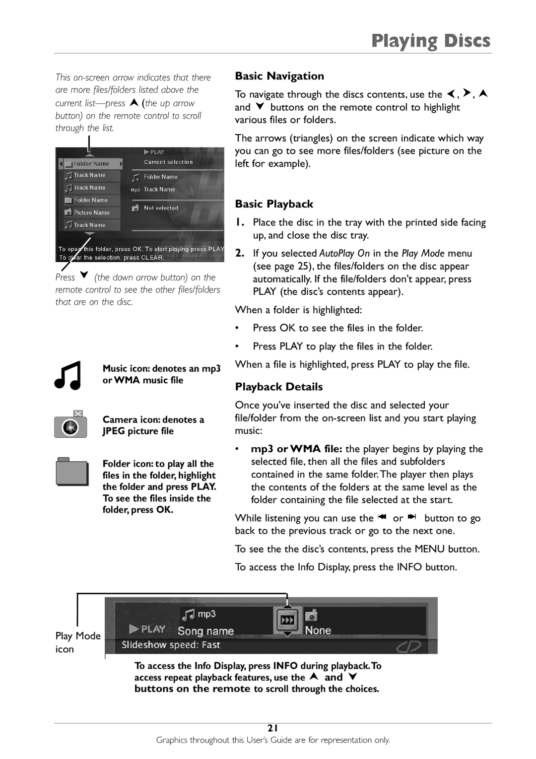 RCA DRC233N Basic Navigation, Basic Playback, Playback Details, To access the Info Display, press Info during playback.To 